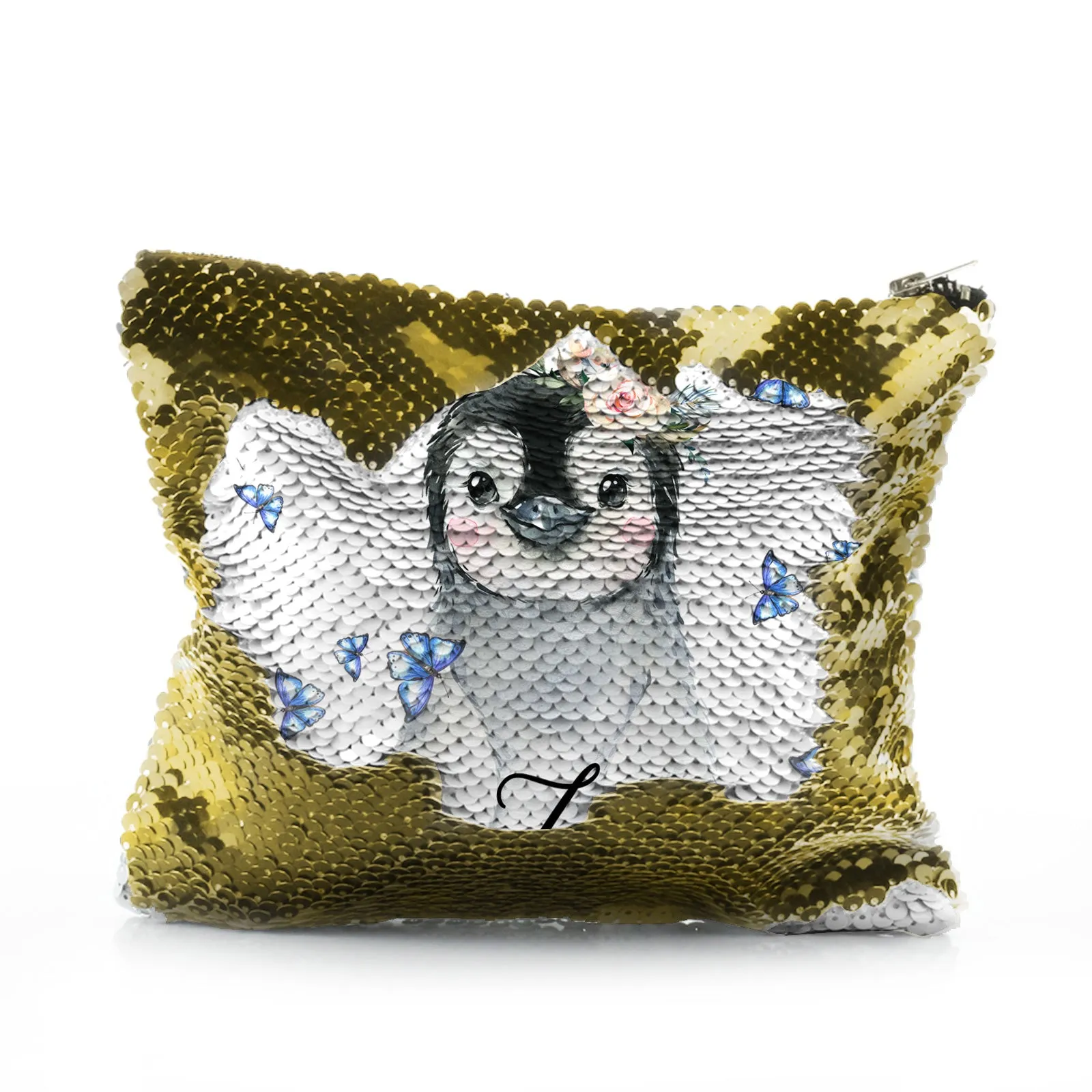 Personalised Sequin Zip Bag with Grey Penguin Blue Butterflies and Cute Text
