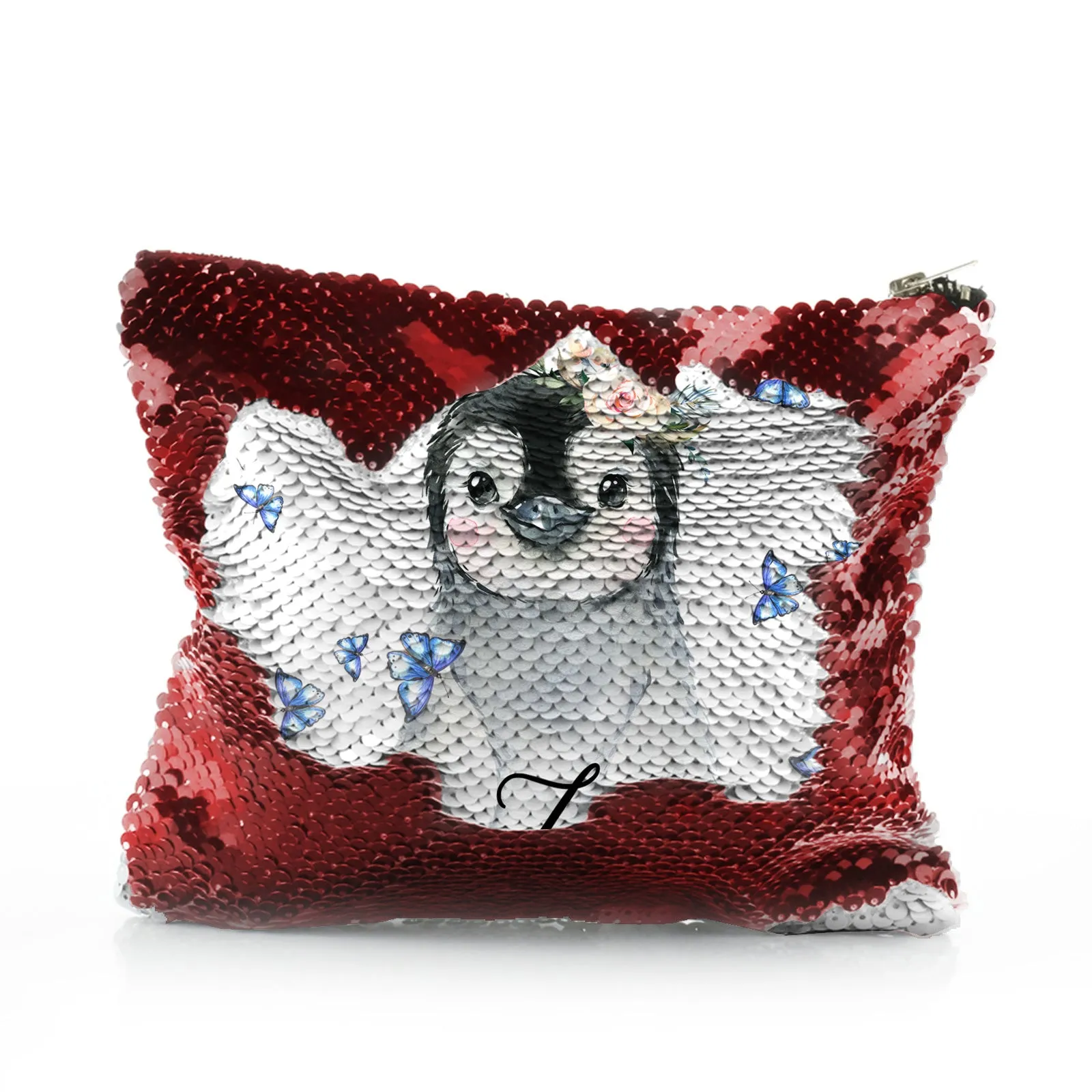 Personalised Sequin Zip Bag with Grey Penguin Blue Butterflies and Cute Text