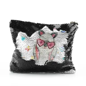 Personalised Sequin Zip Bag with Grey Rabbit with Cat ears and Pink Heart Glasses and Cute Text