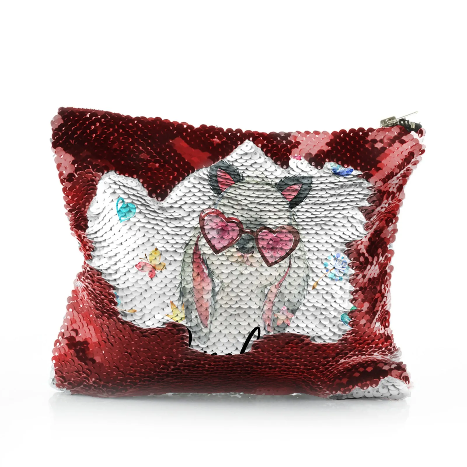 Personalised Sequin Zip Bag with Grey Rabbit with Cat ears and Pink Heart Glasses and Cute Text