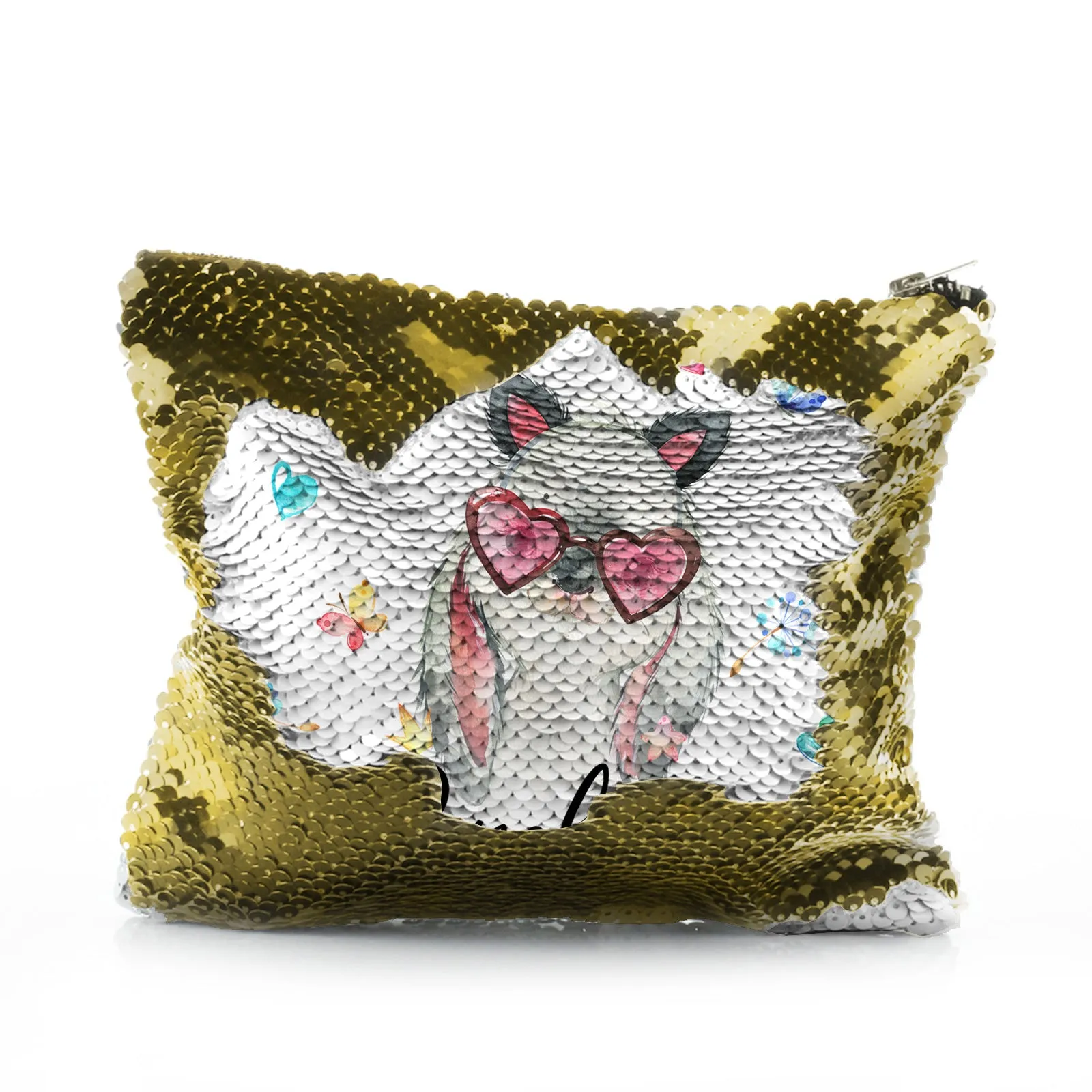 Personalised Sequin Zip Bag with Grey Rabbit with Cat ears and Pink Heart Glasses and Cute Text