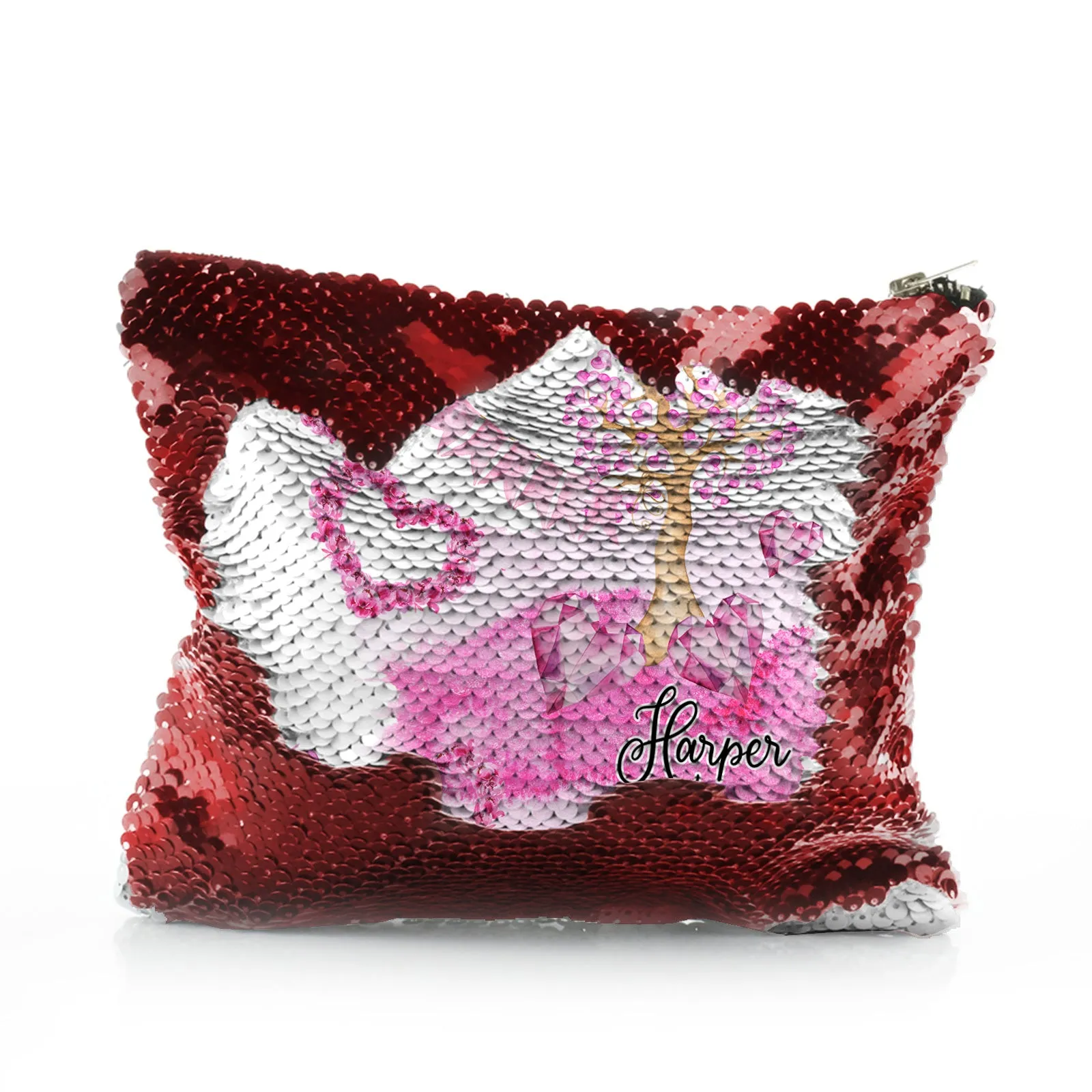Personalised Sequin Zip Bag with Stylish Text and Pink Love Landscape Print