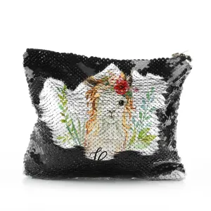 Personalised Sequin Zip Bag with White Goat with Red Flower Hair and Cute Text