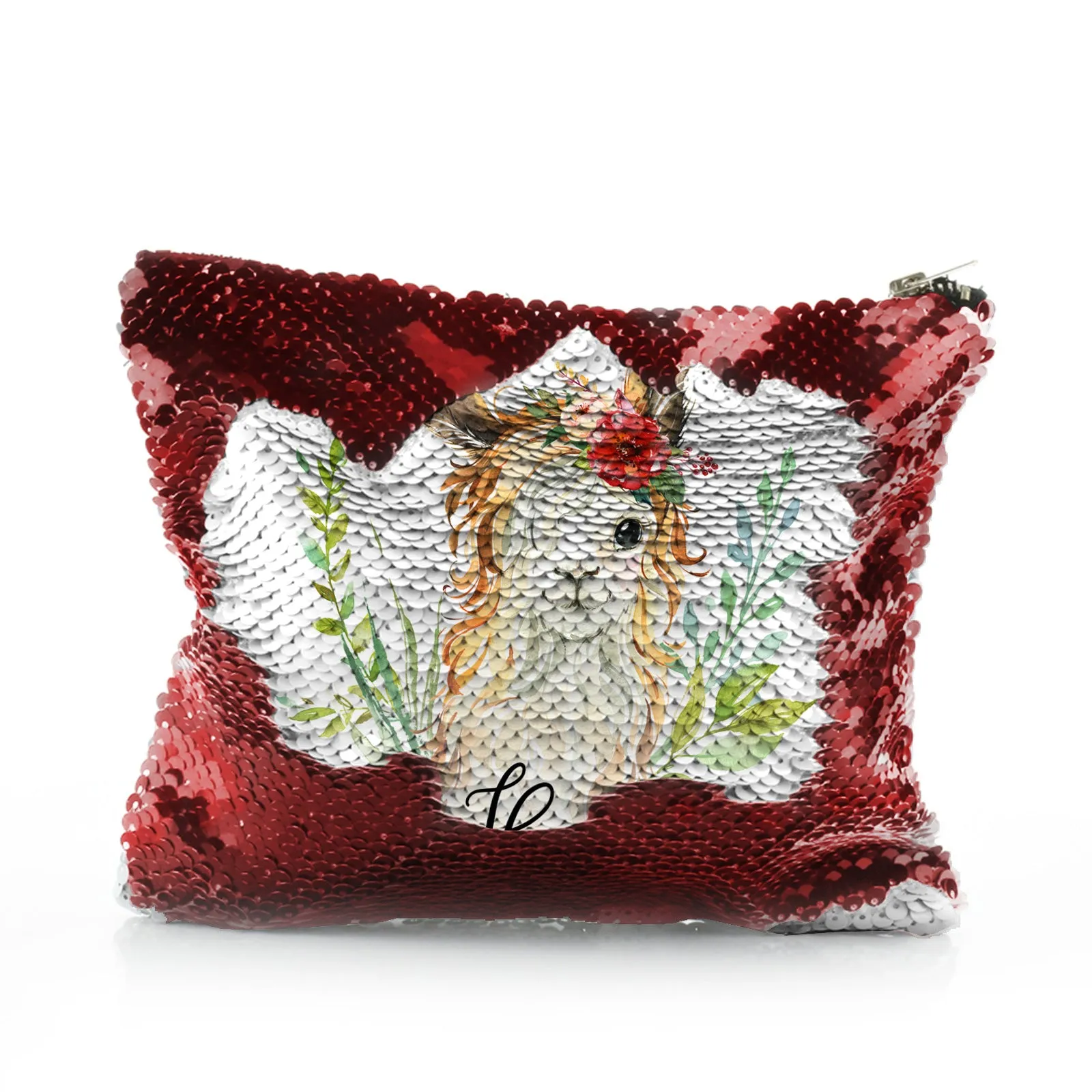 Personalised Sequin Zip Bag with White Goat with Red Flower Hair and Cute Text