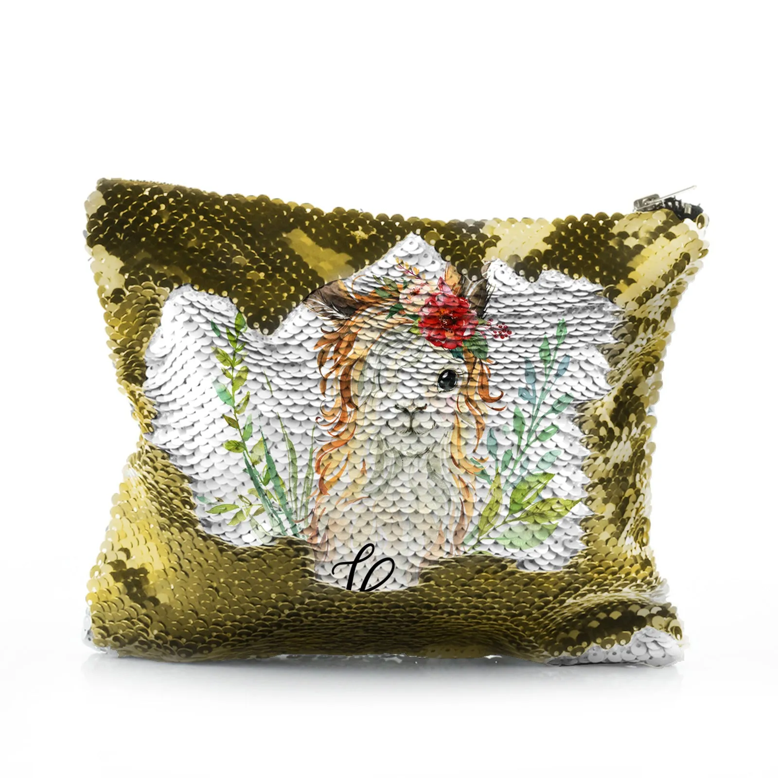 Personalised Sequin Zip Bag with White Goat with Red Flower Hair and Cute Text
