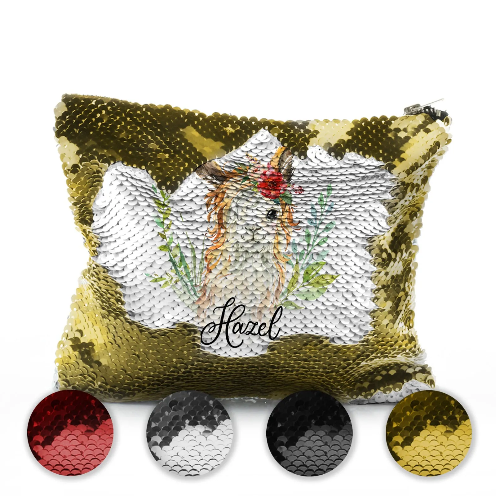 Personalised Sequin Zip Bag with White Goat with Red Flower Hair and Cute Text