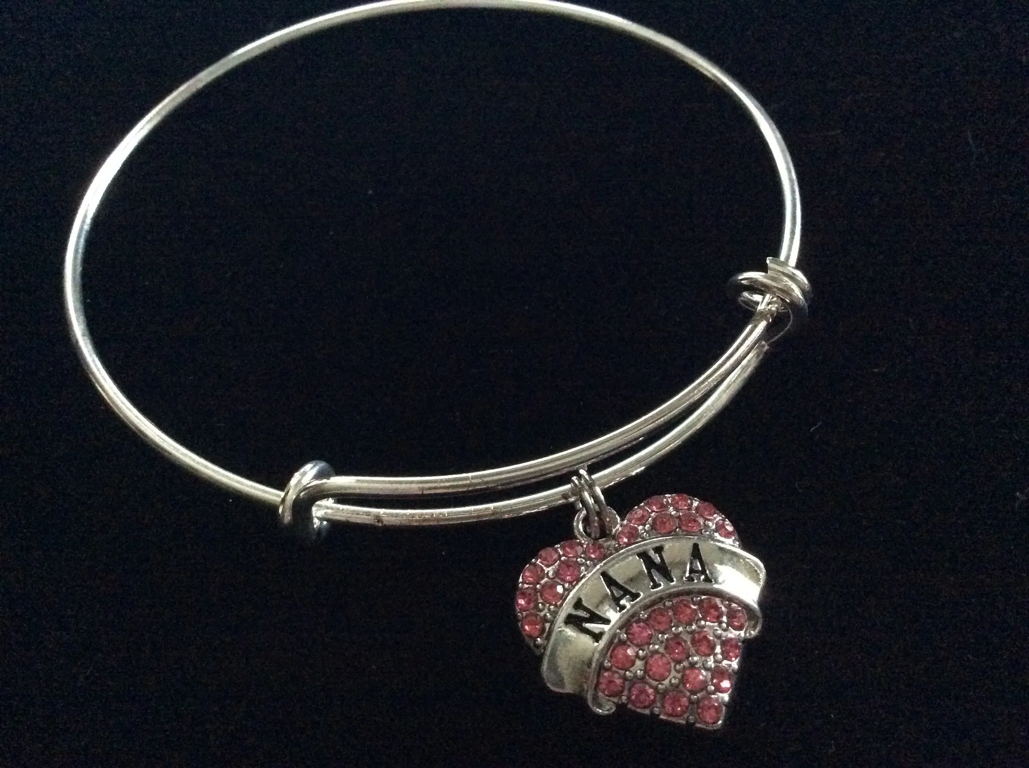 Pink Nana Crystal Heart Silver Charm Bracelet Adjustable Wire Bangle Expandable