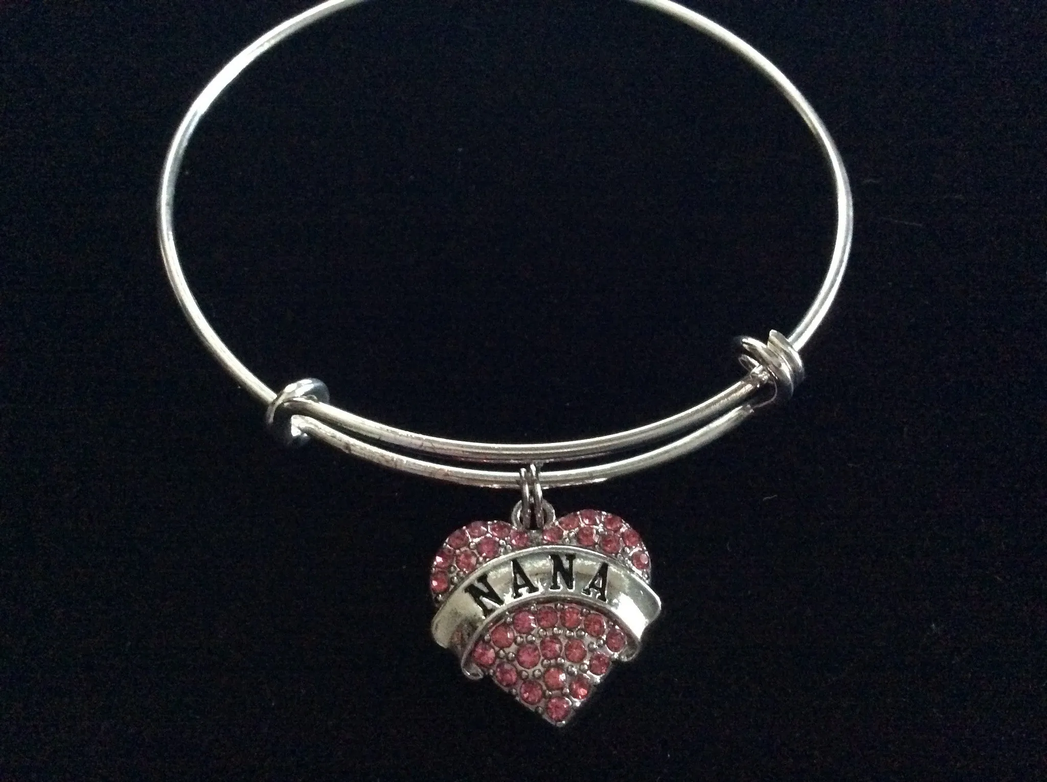 Pink Nana Crystal Heart Silver Charm Bracelet Adjustable Wire Bangle Expandable
