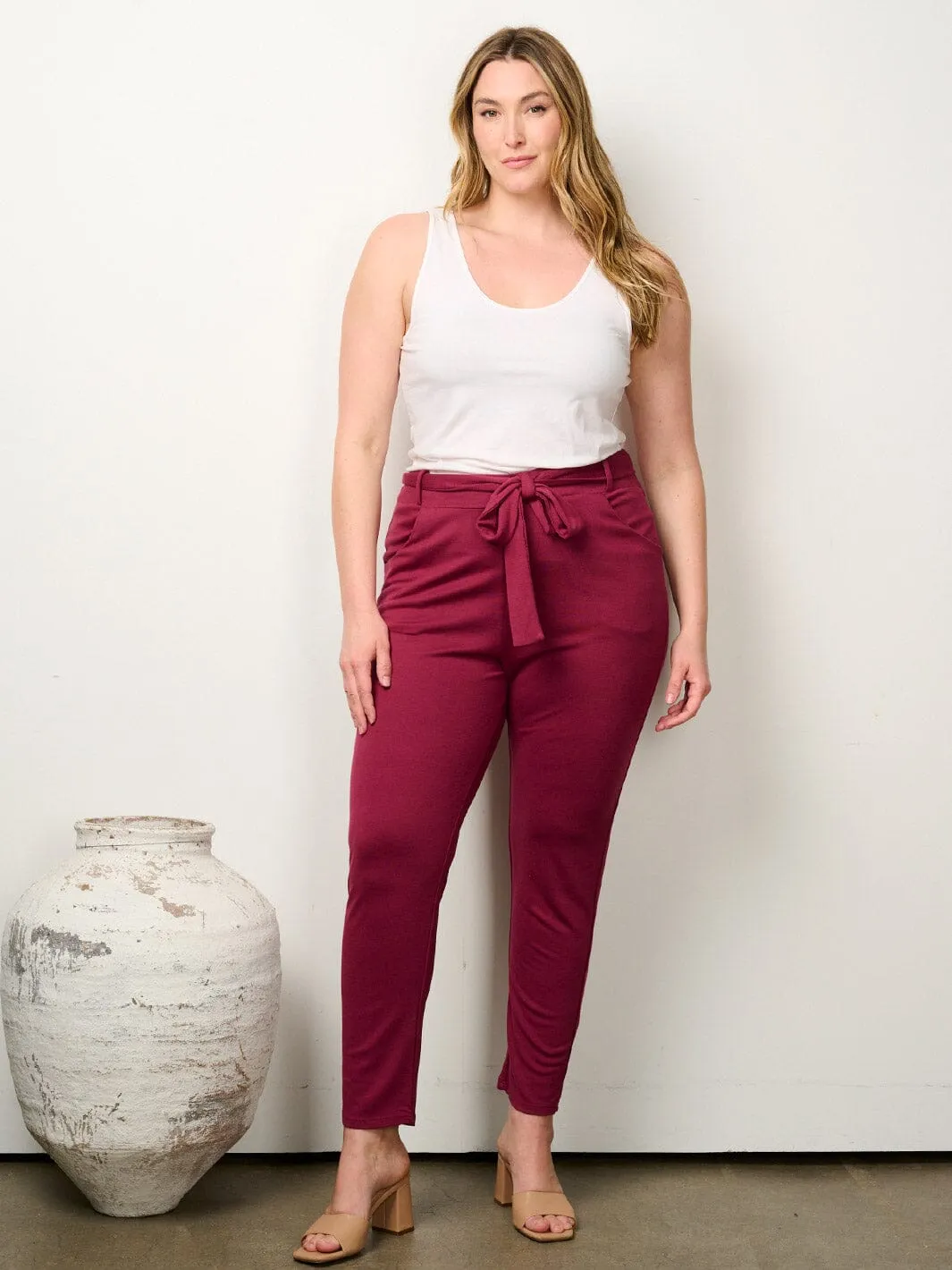 PLUS SIZE ZIP UP SELF TIE POCKETS SKINNY PANTS