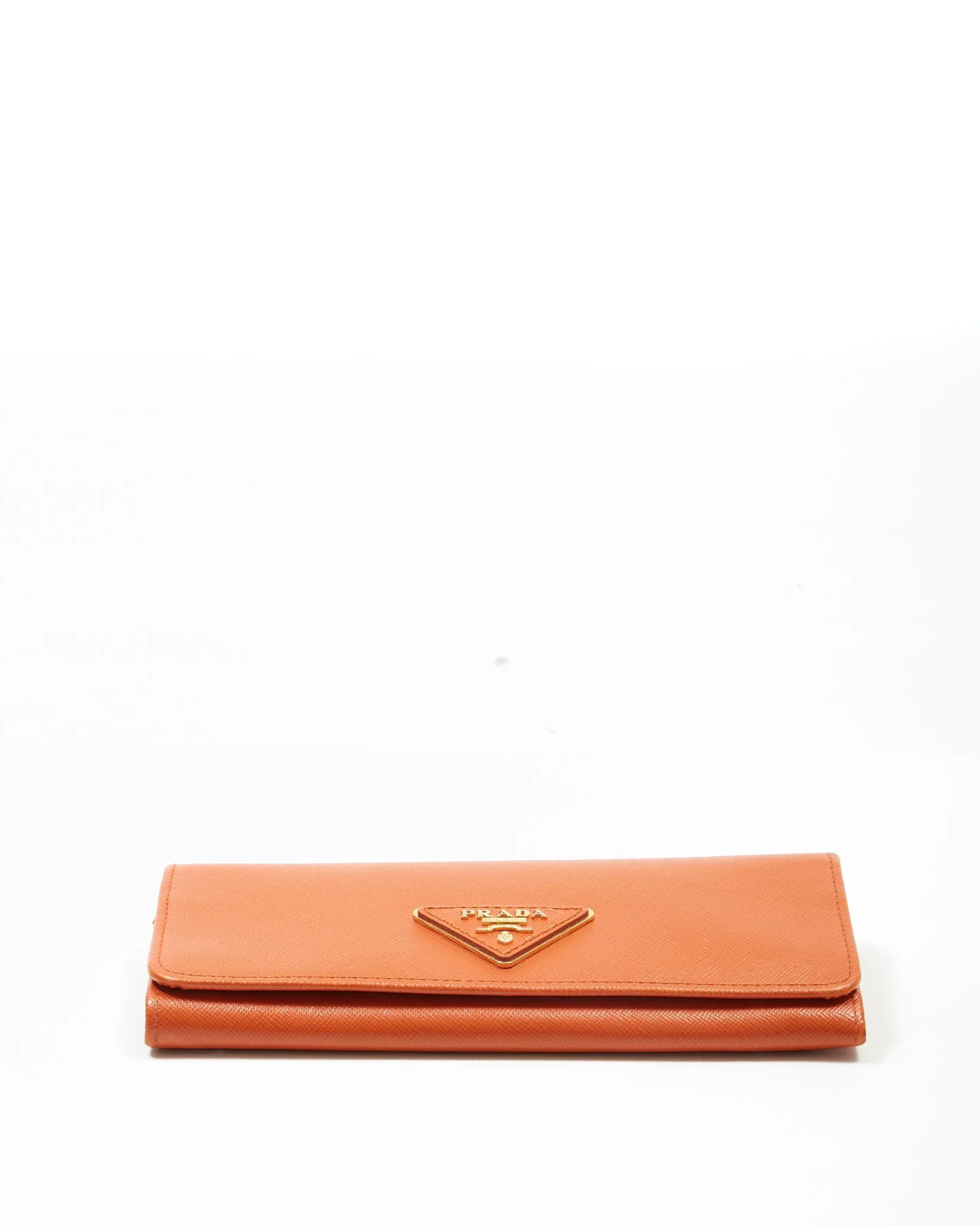 Prada Papaya Saffiano Leather Oro Triangle Flap Wallet