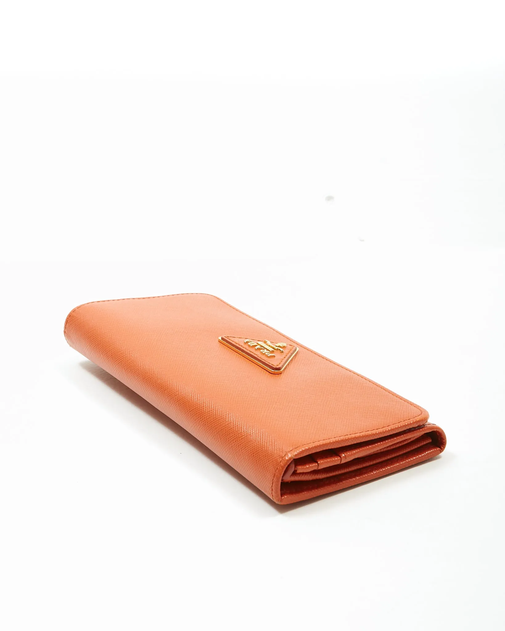 Prada Papaya Saffiano Leather Oro Triangle Flap Wallet