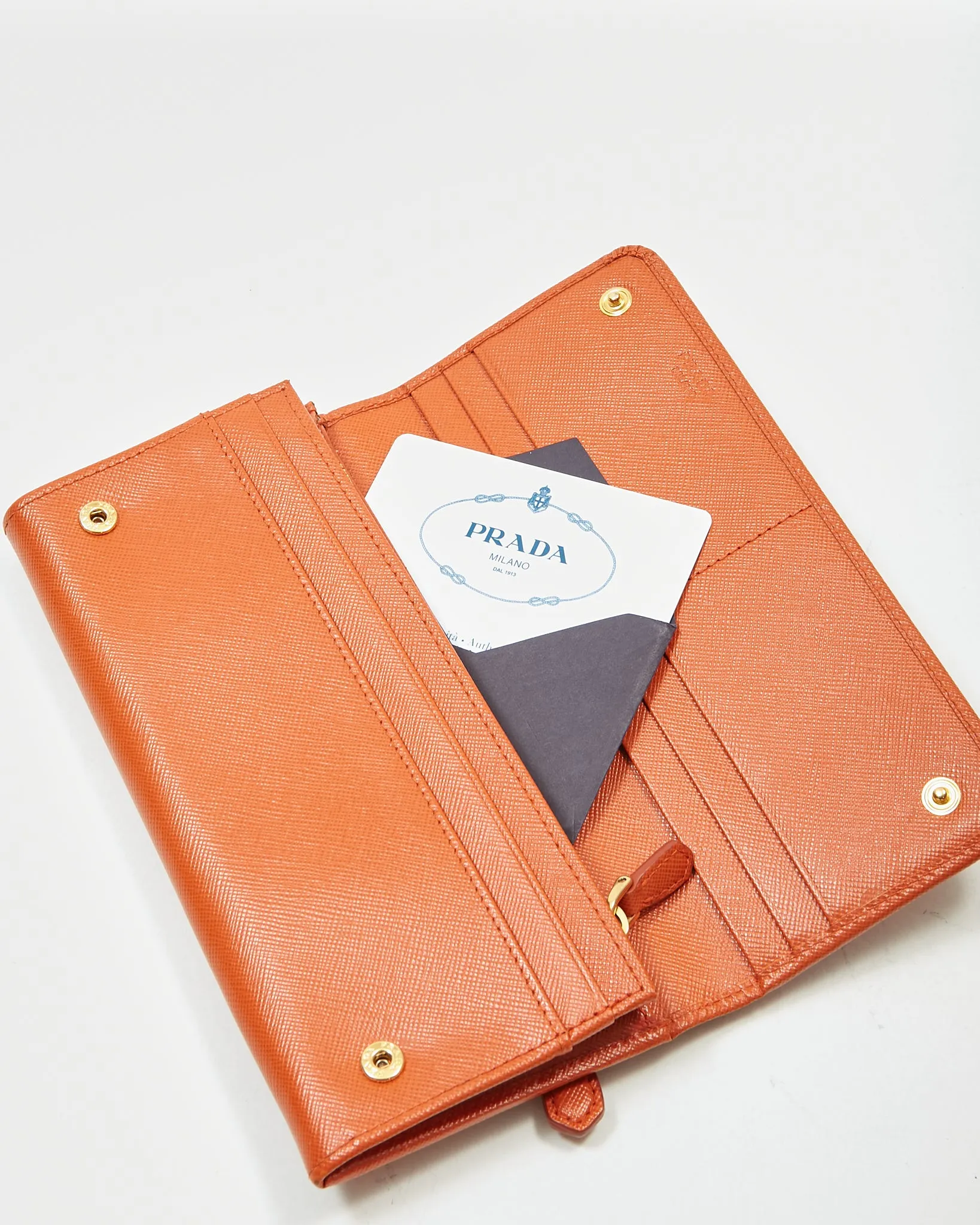 Prada Papaya Saffiano Leather Oro Triangle Flap Wallet