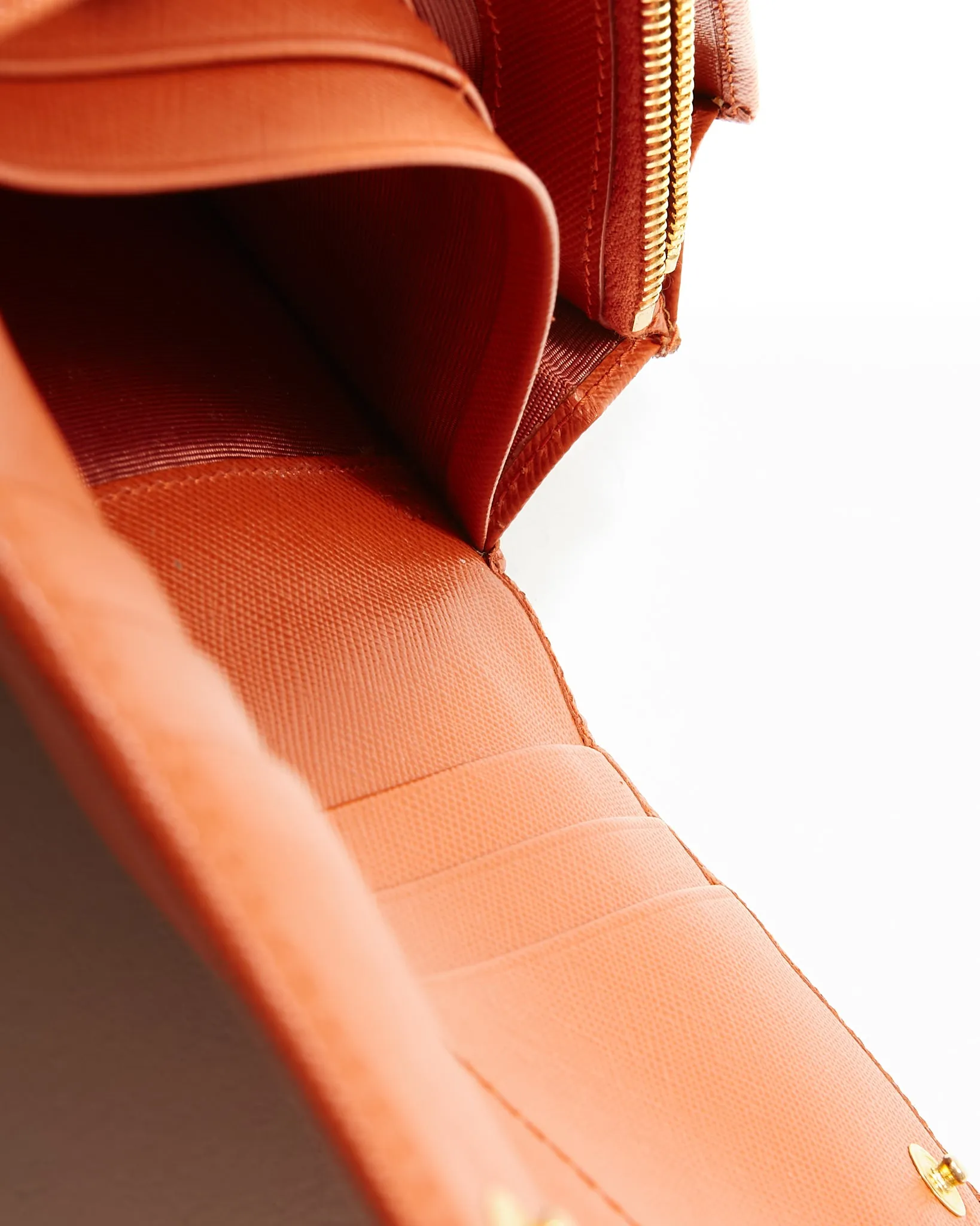 Prada Papaya Saffiano Leather Oro Triangle Flap Wallet