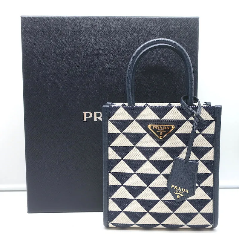 Prada Symbole Mini Tote Baltic Blue/White Embroidered Jacquard Crossbody Bag NEW