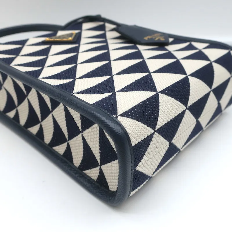 Prada Symbole Mini Tote Baltic Blue/White Embroidered Jacquard Crossbody Bag NEW