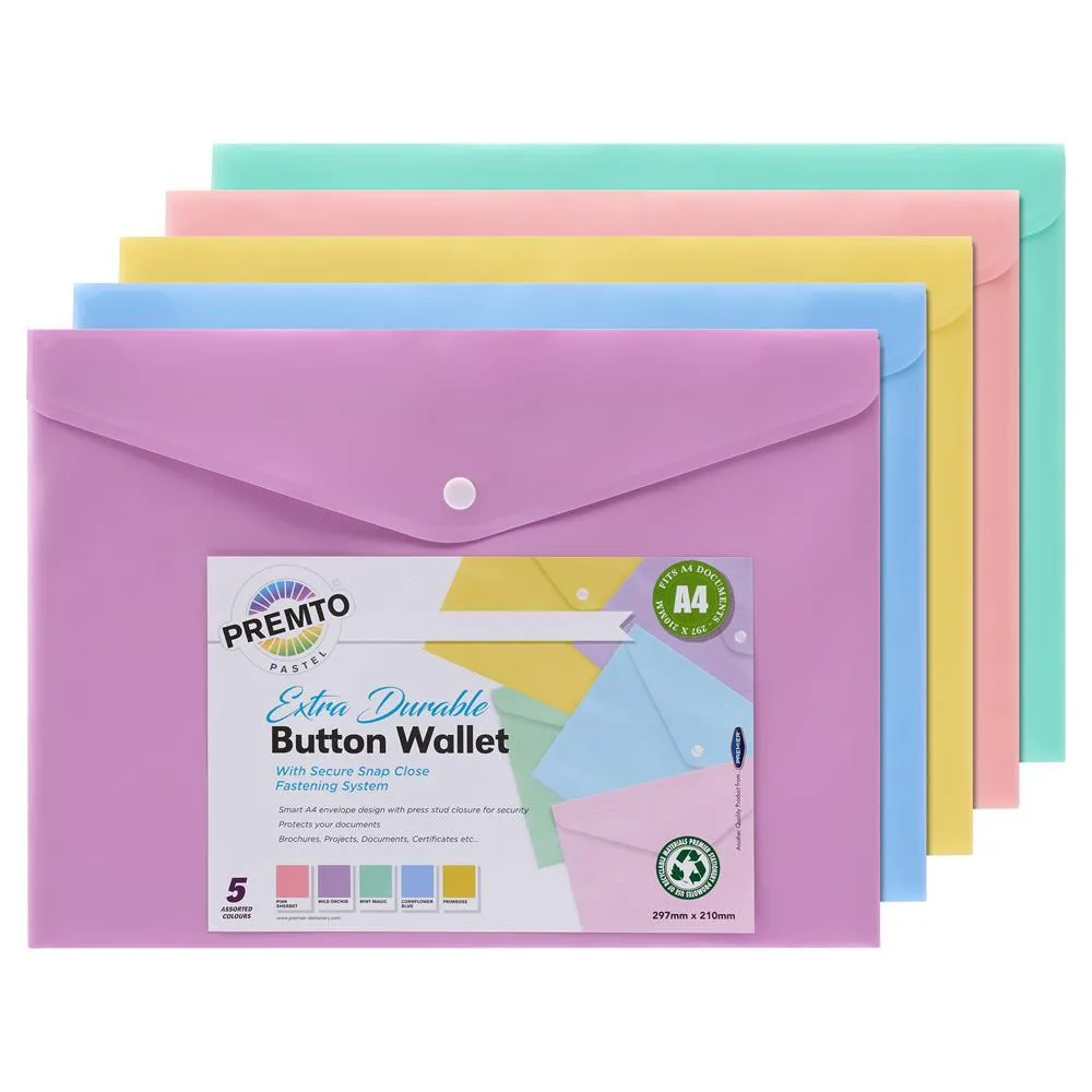 Premto - A4 Button Wallet - Pastel - Pack of 5