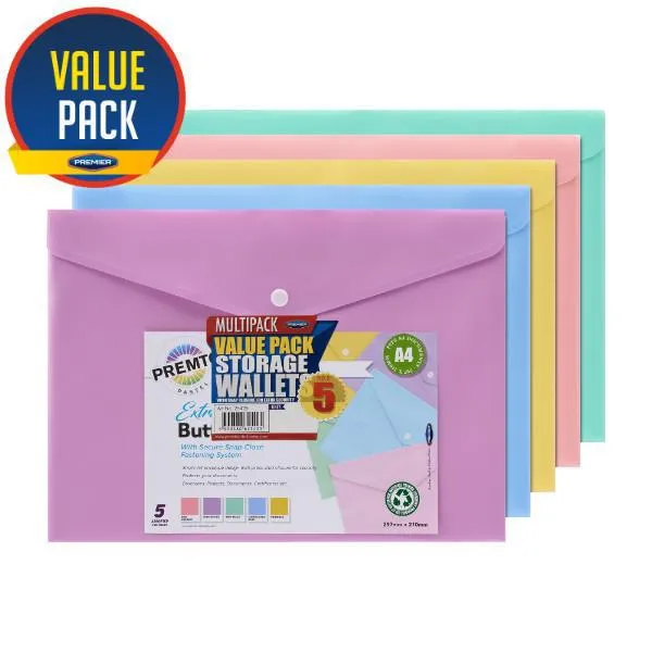 Premto - A4 Button Wallet - Pastel - Pack of 5