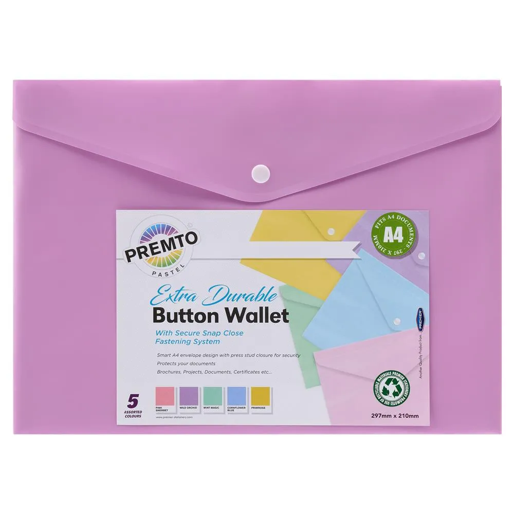 Premto - A4 Button Wallet - Pastel - Pack of 5