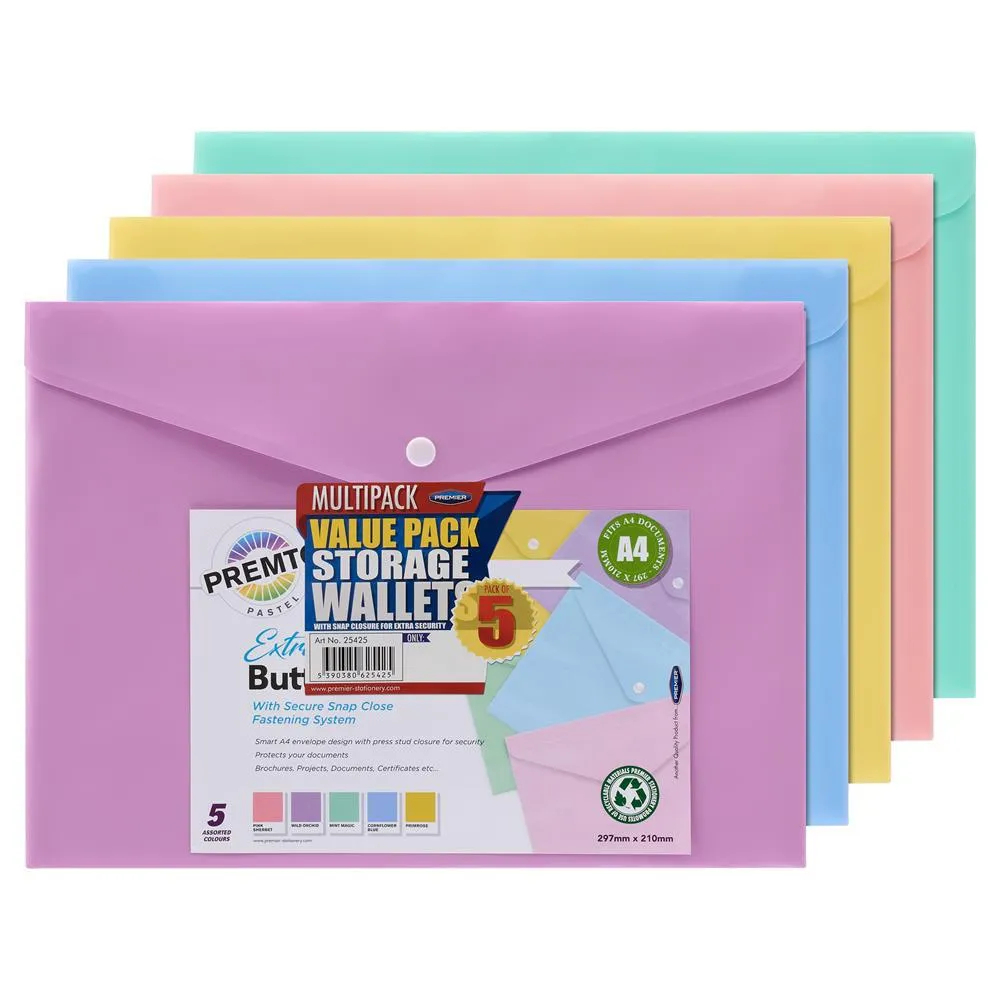 Premto - A4 Button Wallet - Pastel - Pack of 5