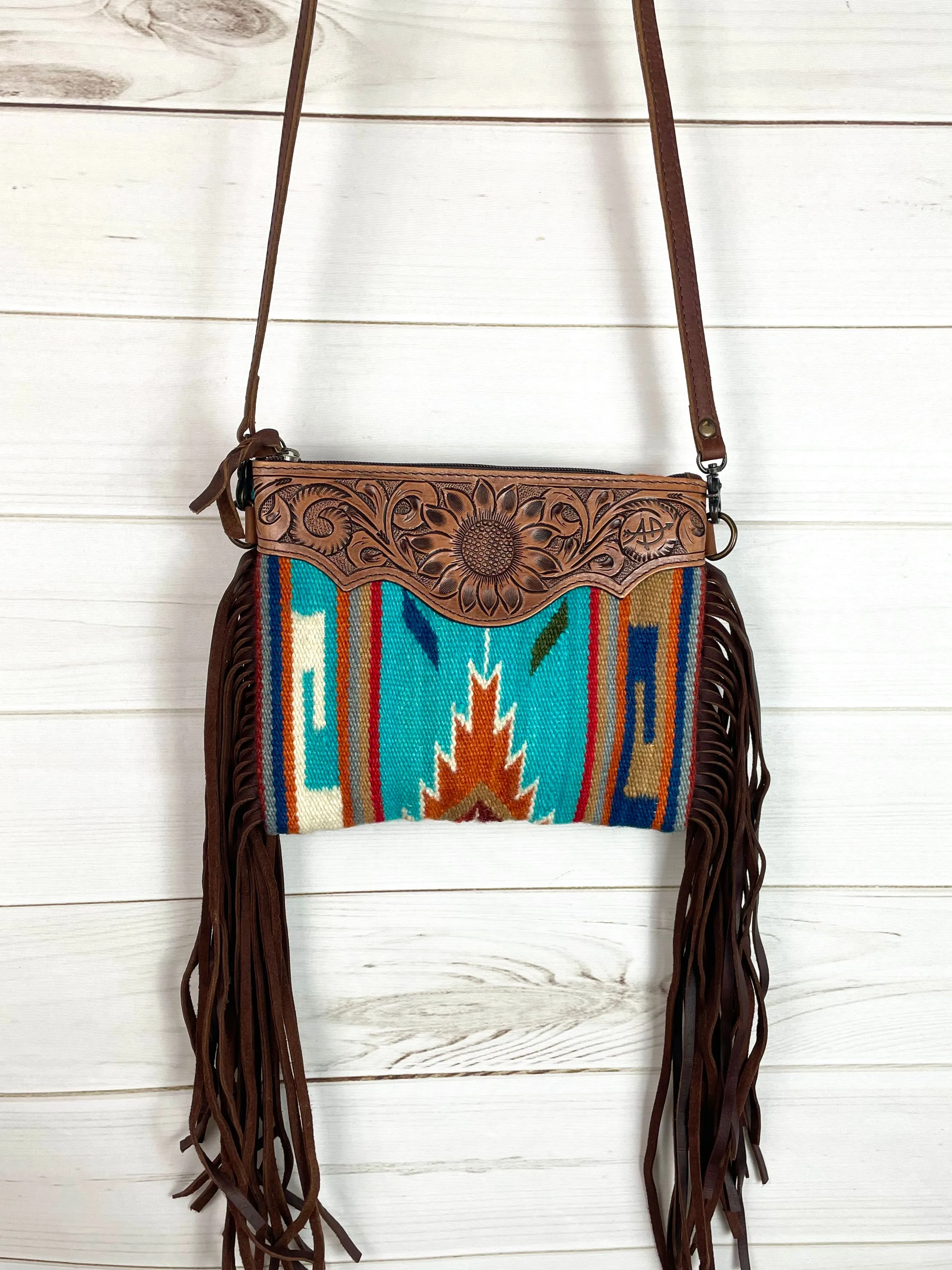 Prismatic Pattern Wool Leather Fringe Medium Sz Bag
