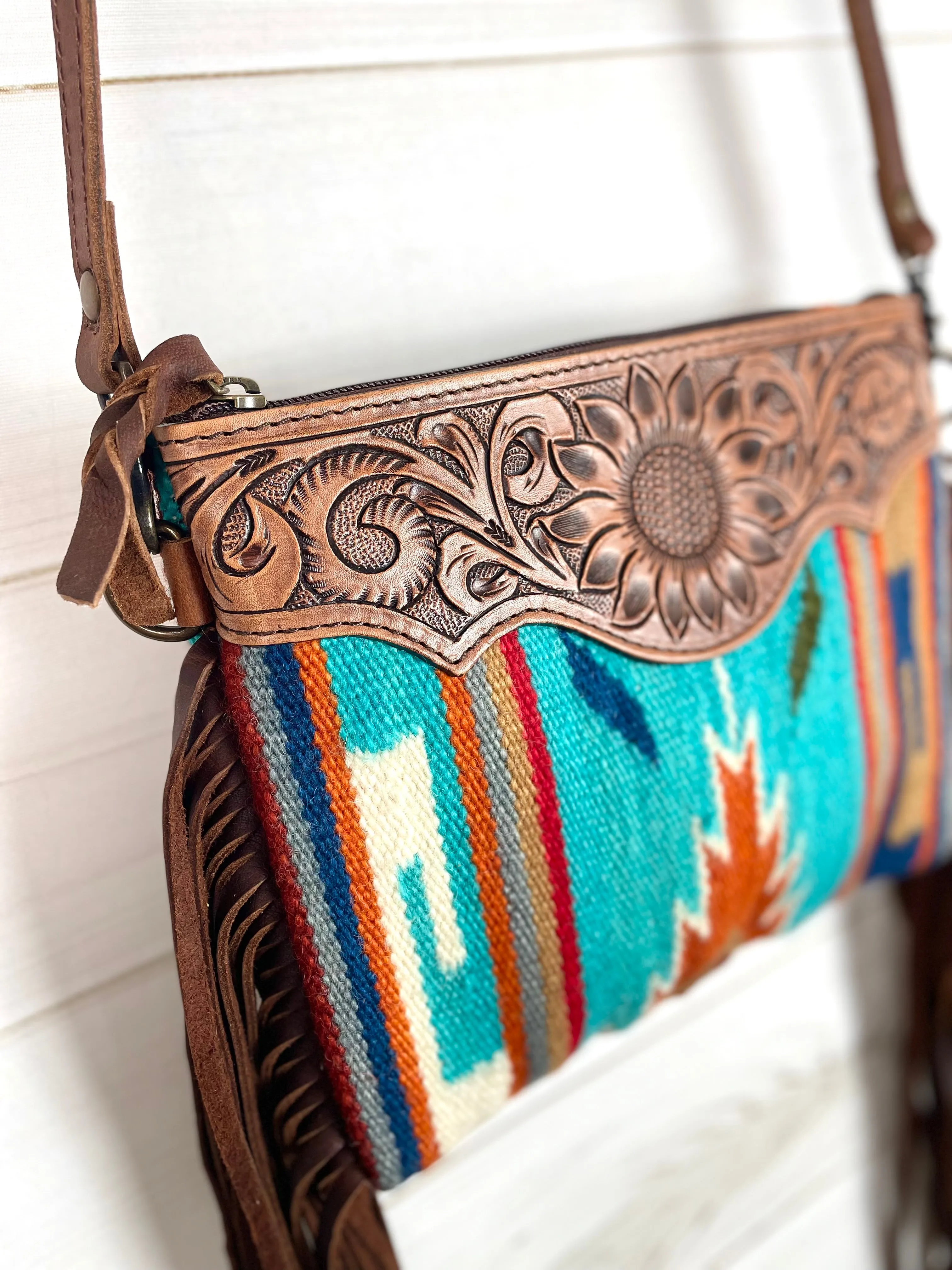 Prismatic Pattern Wool Leather Fringe Medium Sz Bag