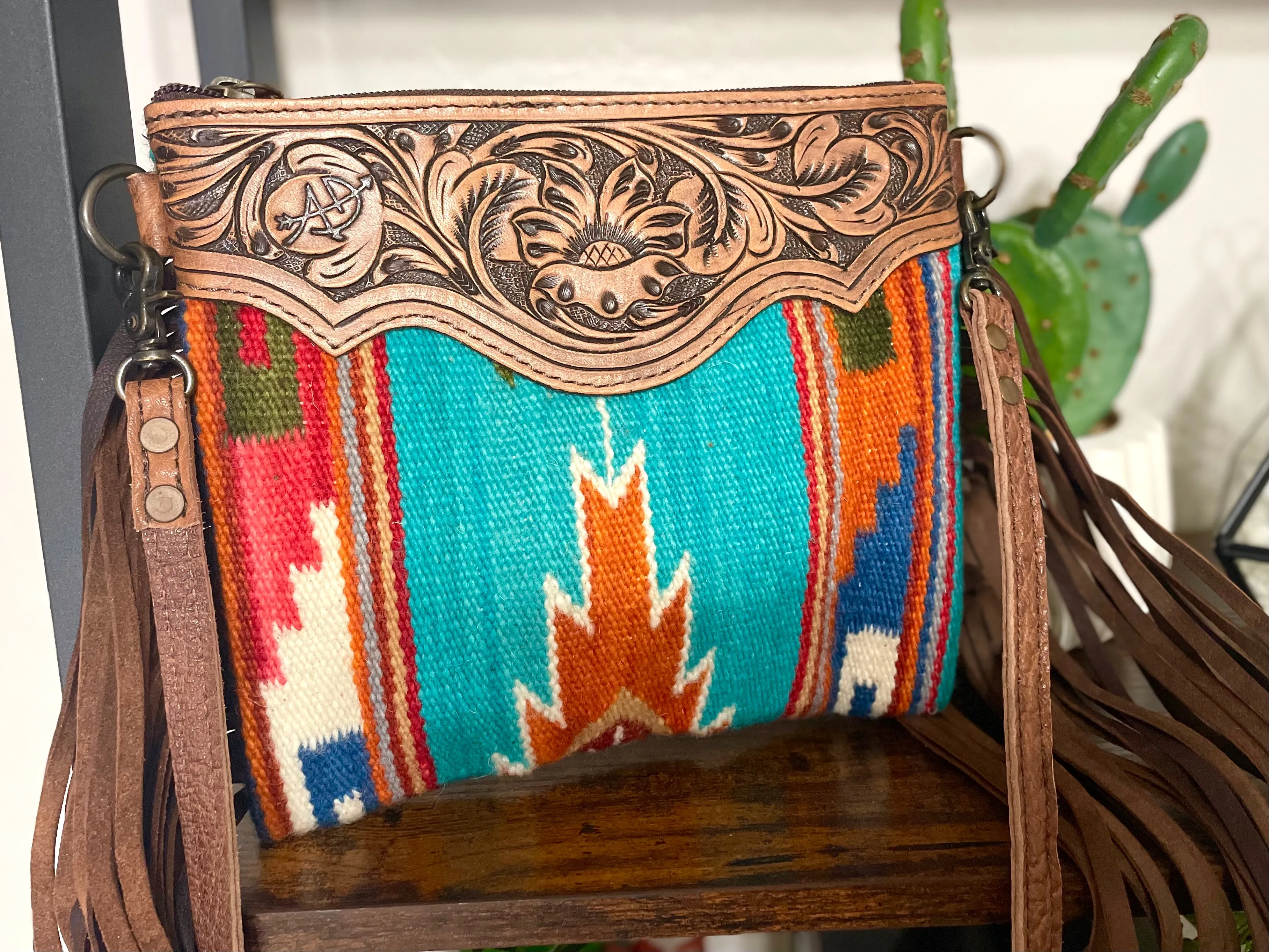 Prismatic Pattern Wool Leather Fringe Medium Sz Bag