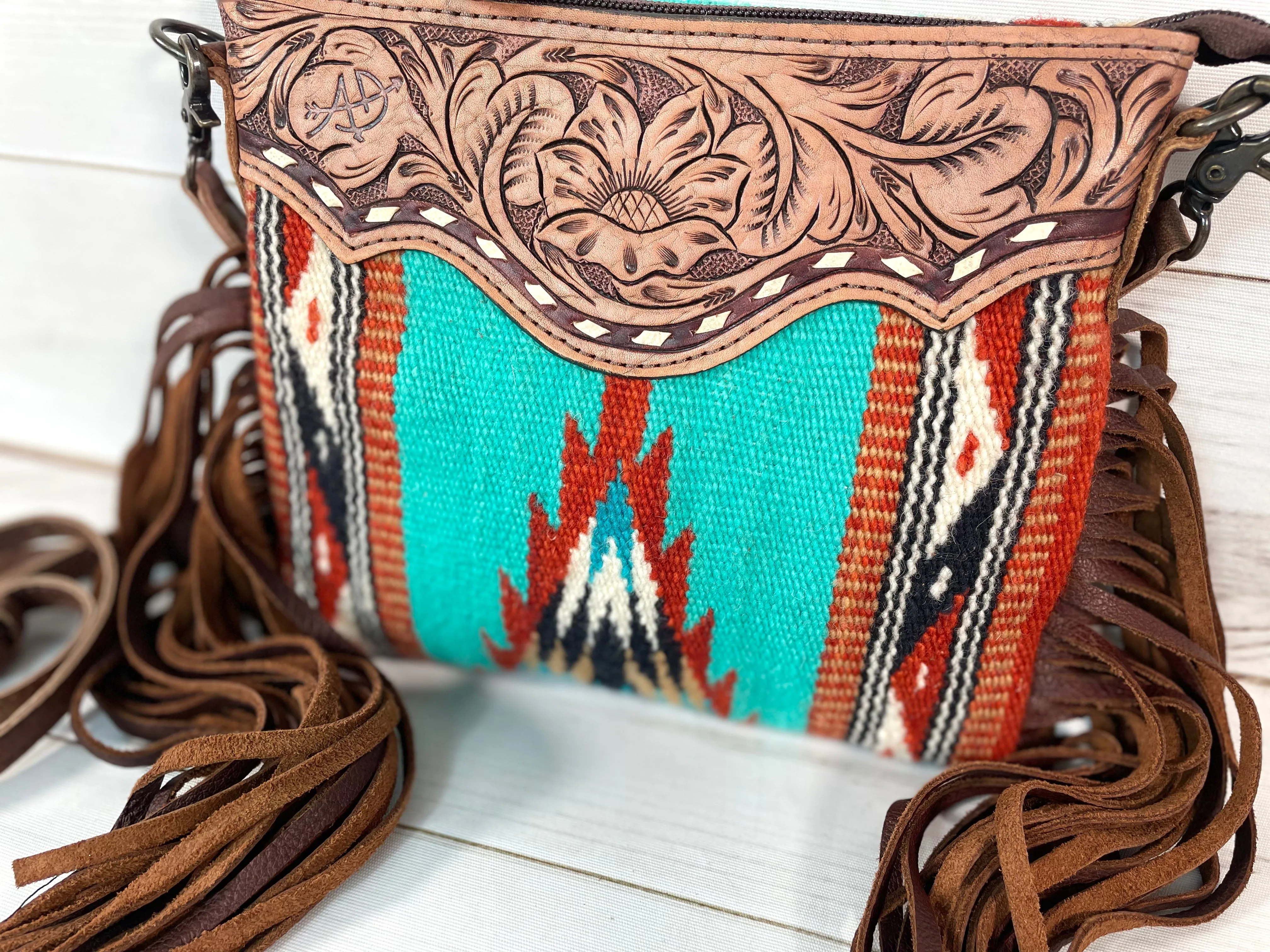 Prismatic Pattern Wool Leather Fringe Medium Sz Bag