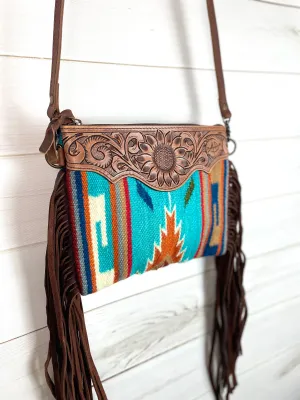 Prismatic Pattern Wool Leather Fringe Medium Sz Bag