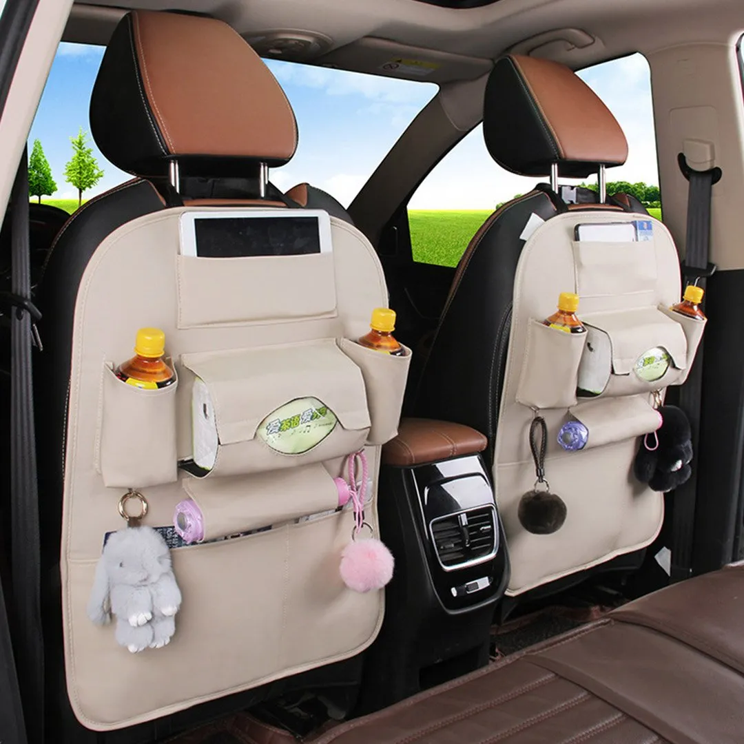PVC Leather Car Back Seat Storage Bag Multi-Pocket Organizer Backseat and iPad Mini Holder White