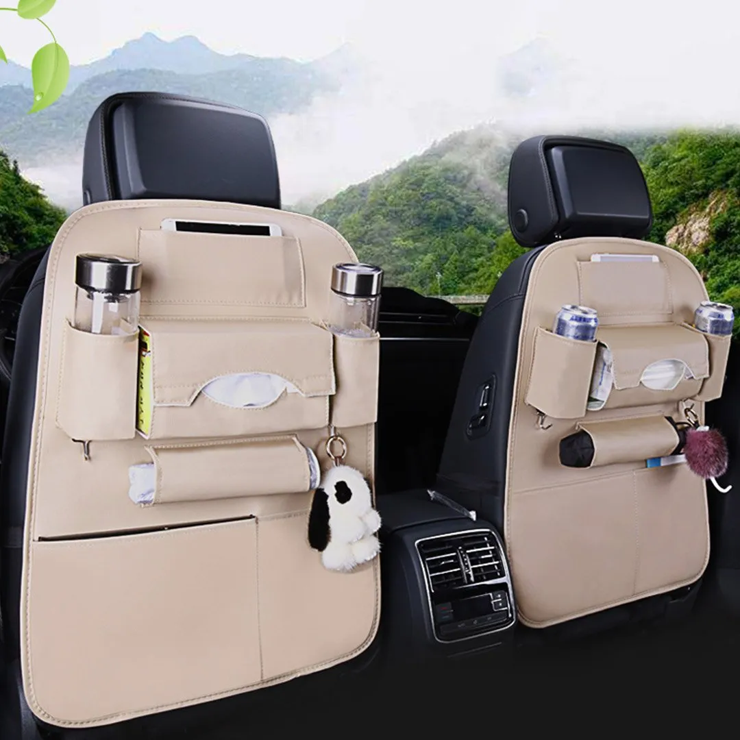 PVC Leather Car Back Seat Storage Bag Multi-Pocket Organizer Backseat and iPad Mini Holder White