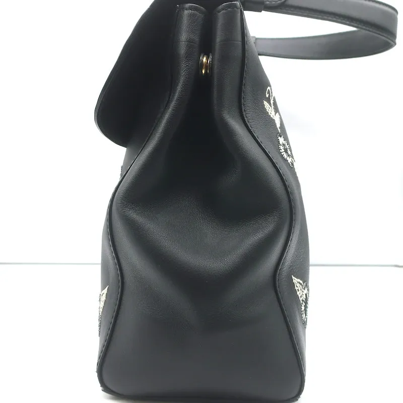 Ralph Lauren Tiffin Medium Shoulder Bag Black Floral-Embroidered Leather