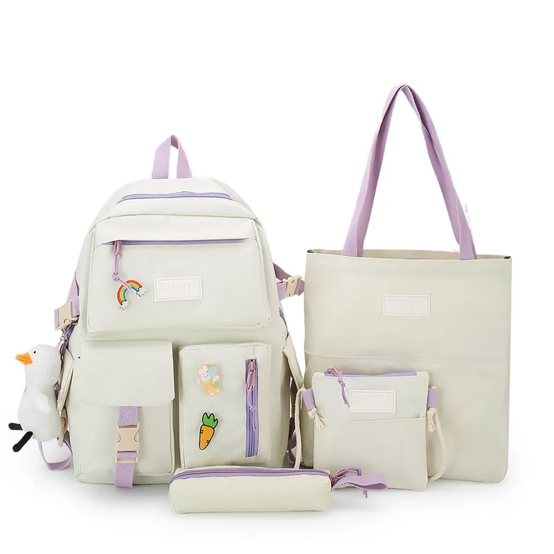 Realaiot 4pcs Set Harajuku Women's Backpack Waterproof Canvas School Bags Large Capacity Student Backpack Bookbag Pure Color Mochila Tote
