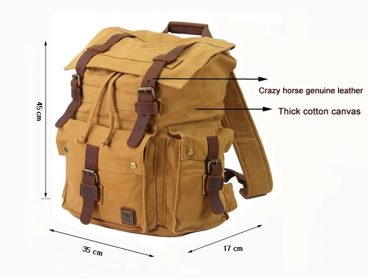 Realaiot Vintage Leather Military Canvas travel Backpacks Men &Women School Backpacks men Travel bag big Canvas Backpack Large bag