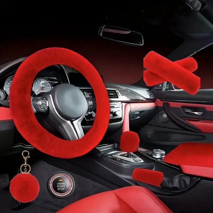 RED - 8 Piece Extra Plush Car Accessories Set with **BONUS 2 Red Rhinestone Car Coasters**