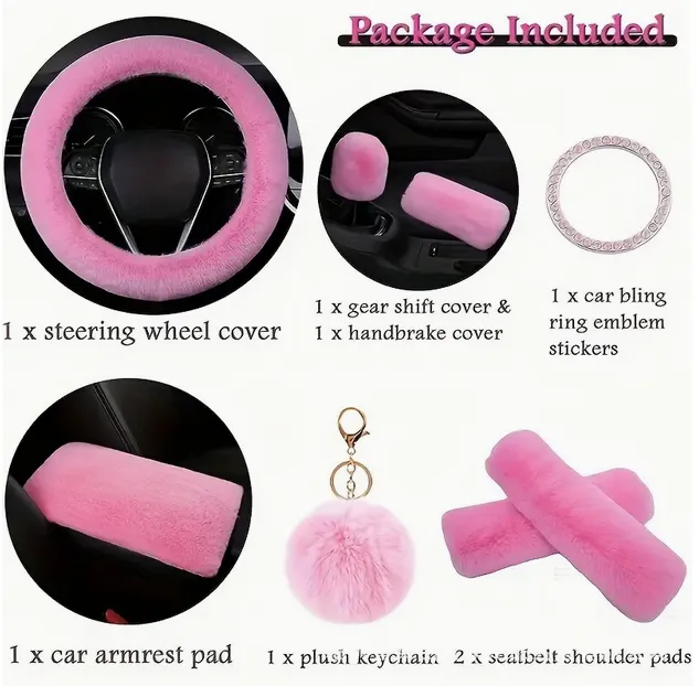 RED - 8 Piece Extra Plush Car Accessories Set with **BONUS 2 Red Rhinestone Car Coasters**