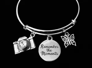 Remember the Moments Camera Butterfly Charm Bracelet Expandable Adjustable Silver Bangle Photographer Gift One Size Fits All