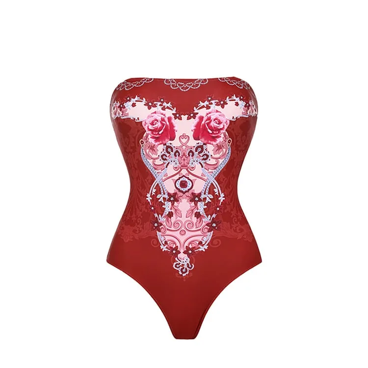 Removable Shoulder StrapRed Jewelry Pattern Series One Piece Swimsuit Set - As shown / S