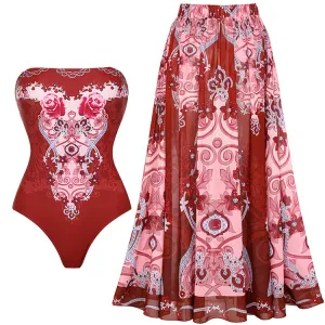 Removable Shoulder StrapRed Jewelry Pattern Series One Piece Swimsuit Set - As shown / S