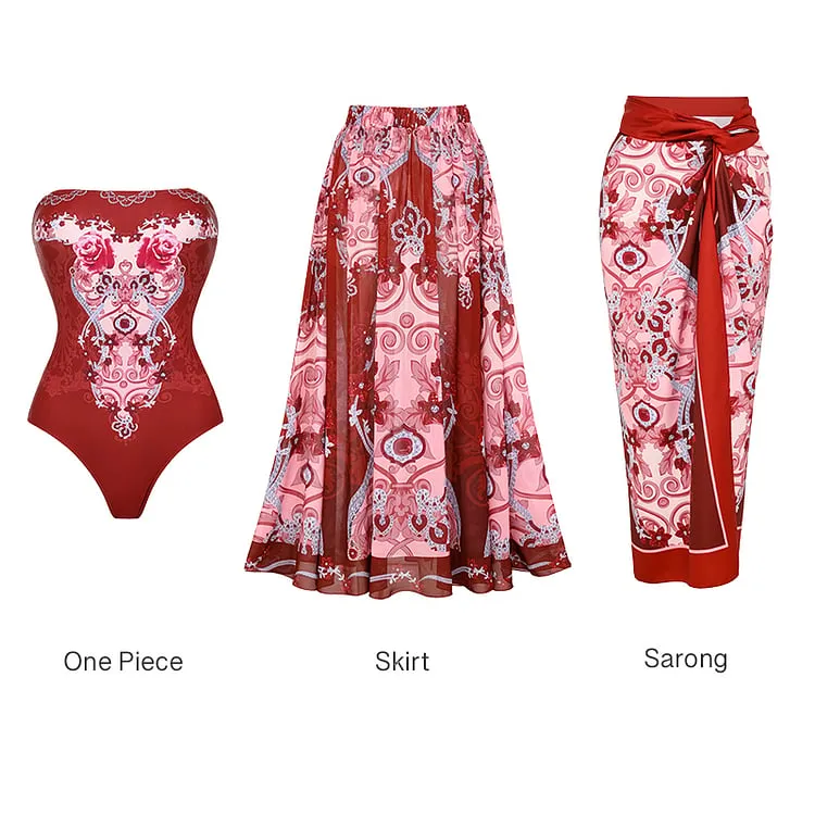 Removable Shoulder StrapRed Jewelry Pattern Series One Piece Swimsuit Set - As shown / S