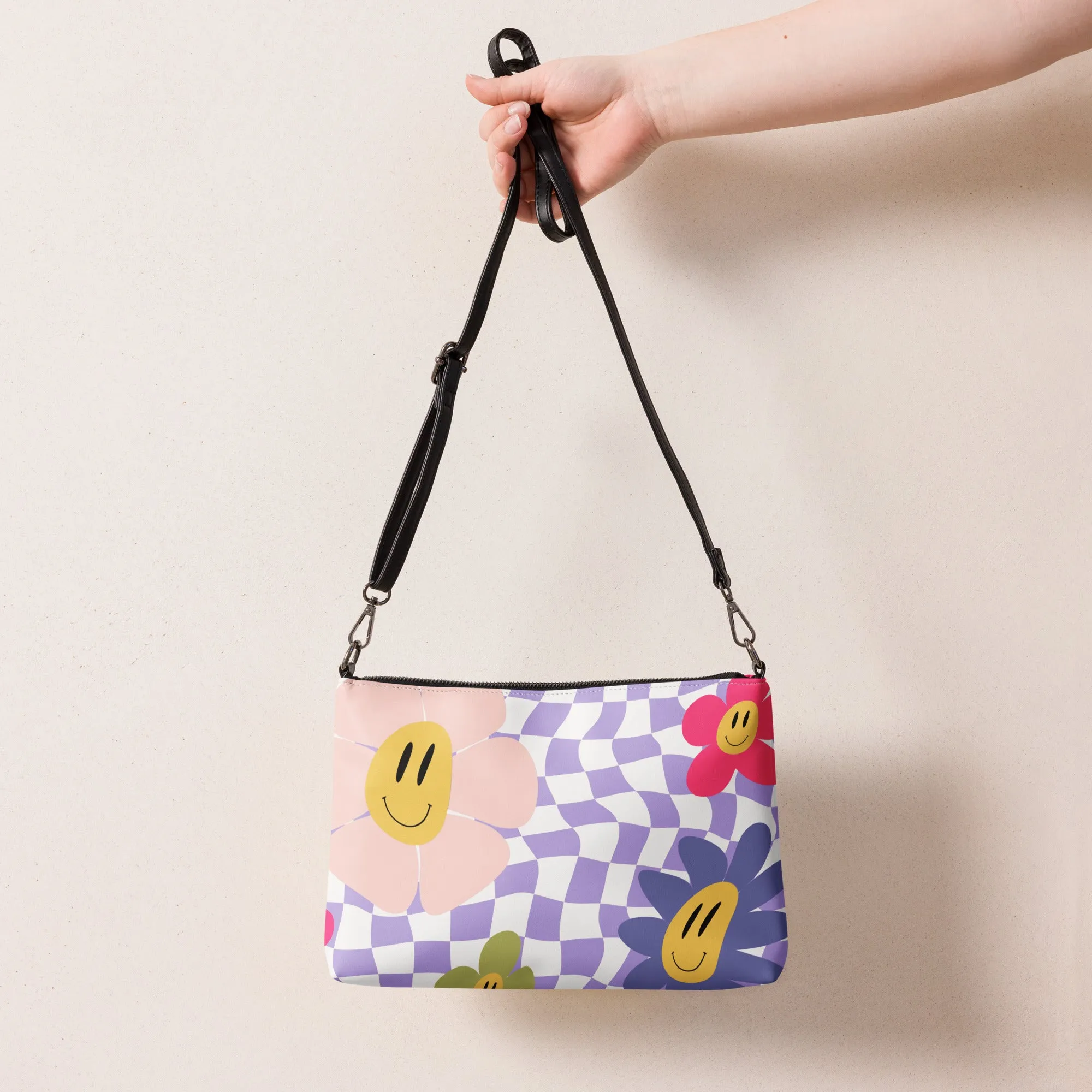 Retro Purple Checkered Happy Face Crossbody Bag