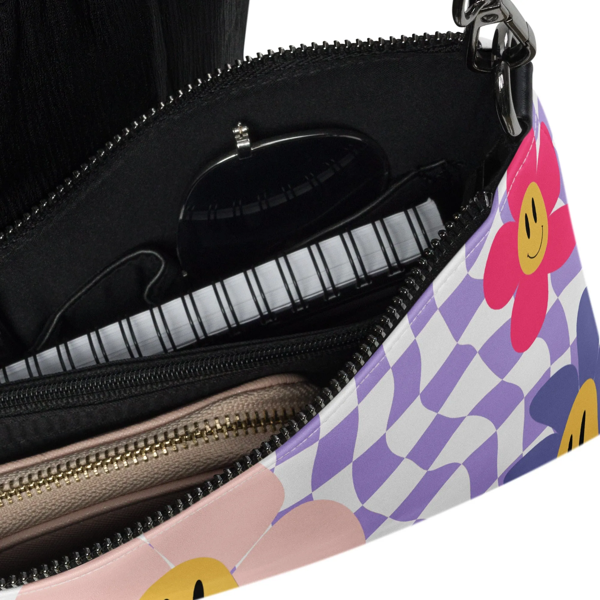 Retro Purple Checkered Happy Face Crossbody Bag