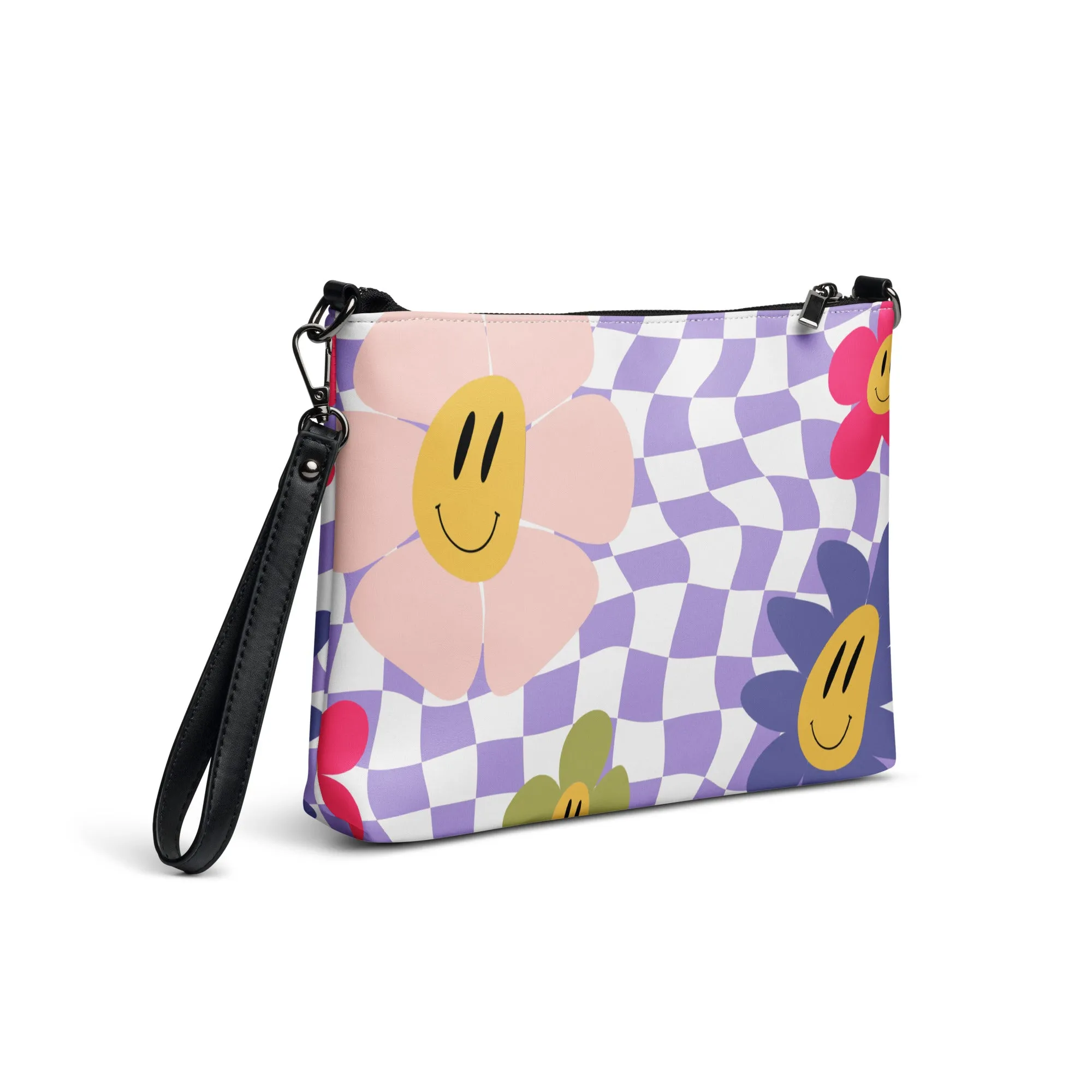 Retro Purple Checkered Happy Face Crossbody Bag