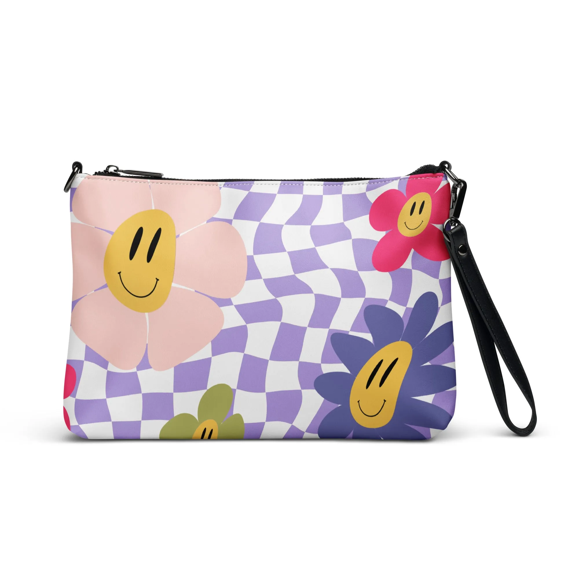 Retro Purple Checkered Happy Face Crossbody Bag