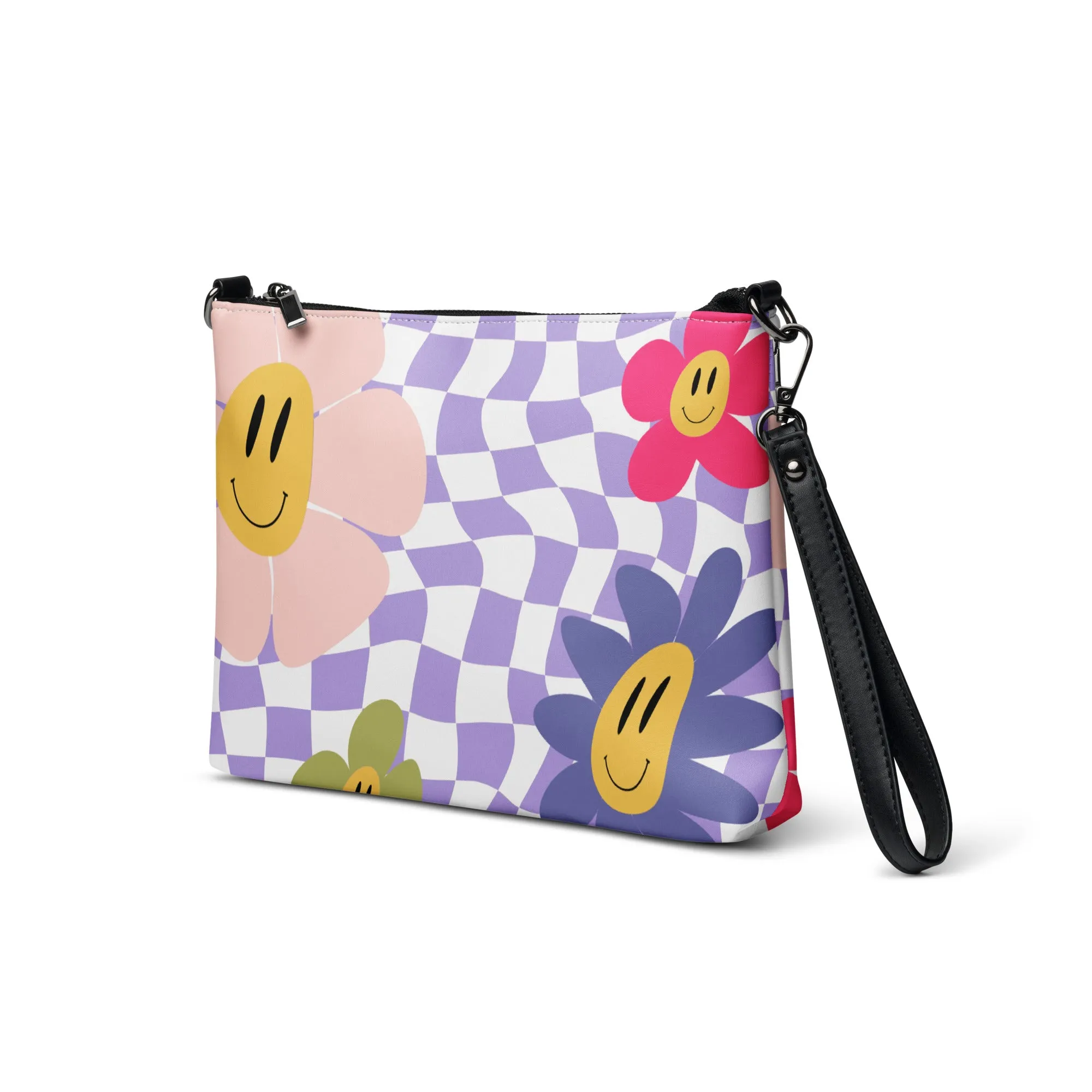 Retro Purple Checkered Happy Face Crossbody Bag