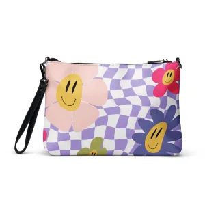 Retro Purple Checkered Happy Face Crossbody Bag
