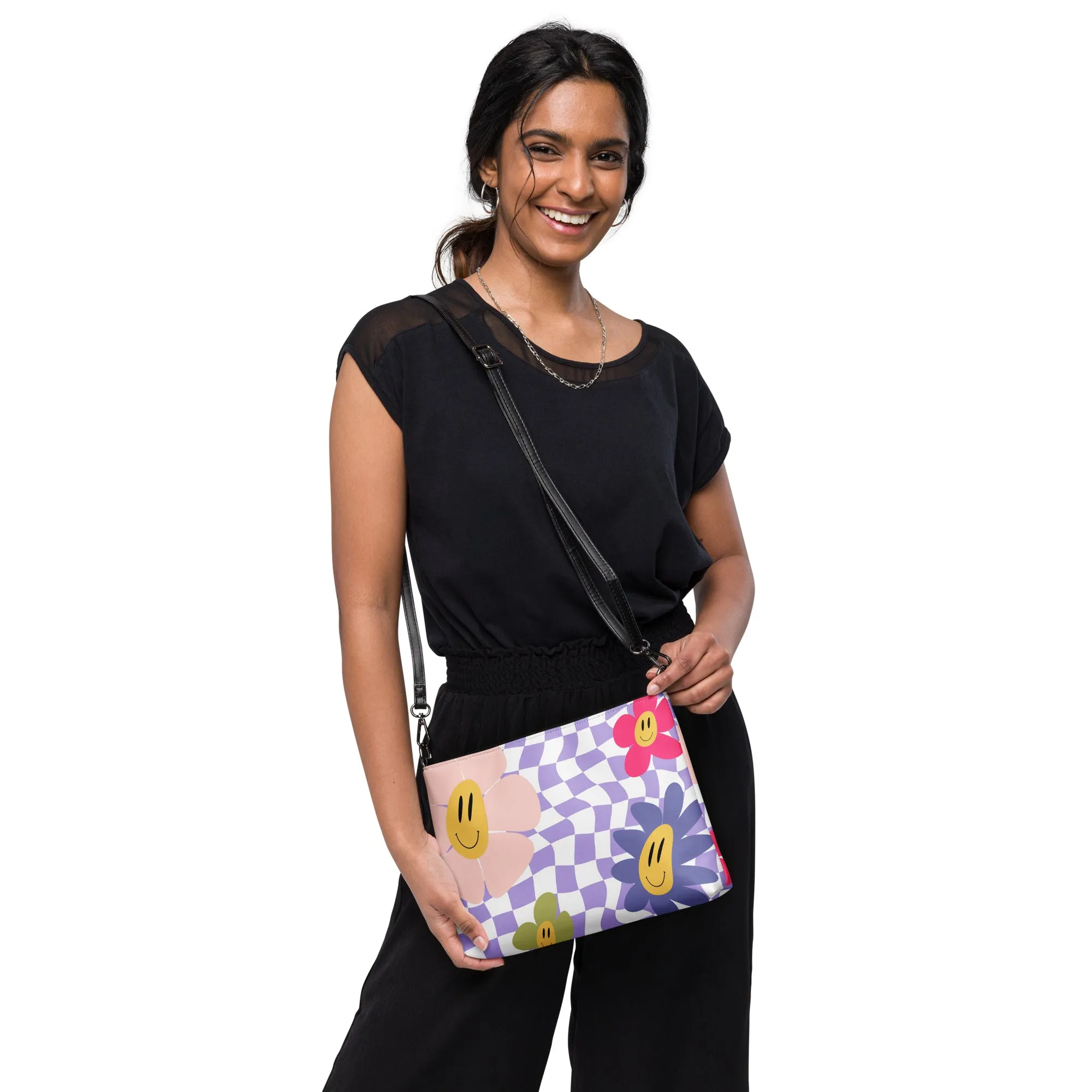 Retro Purple Checkered Happy Face Crossbody Bag