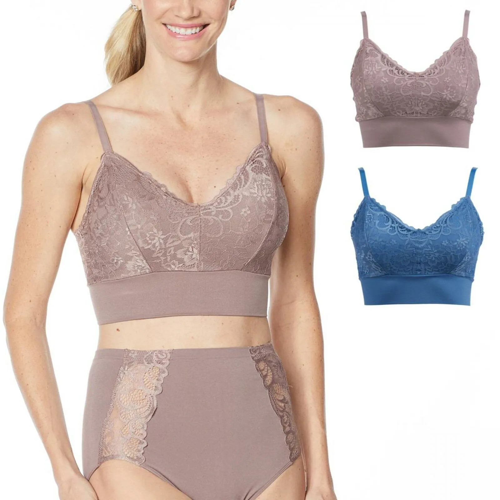 Rhonda Shear 2 Pack Lace Leisure Bras With Removable Pads Mocha/ Blue XL