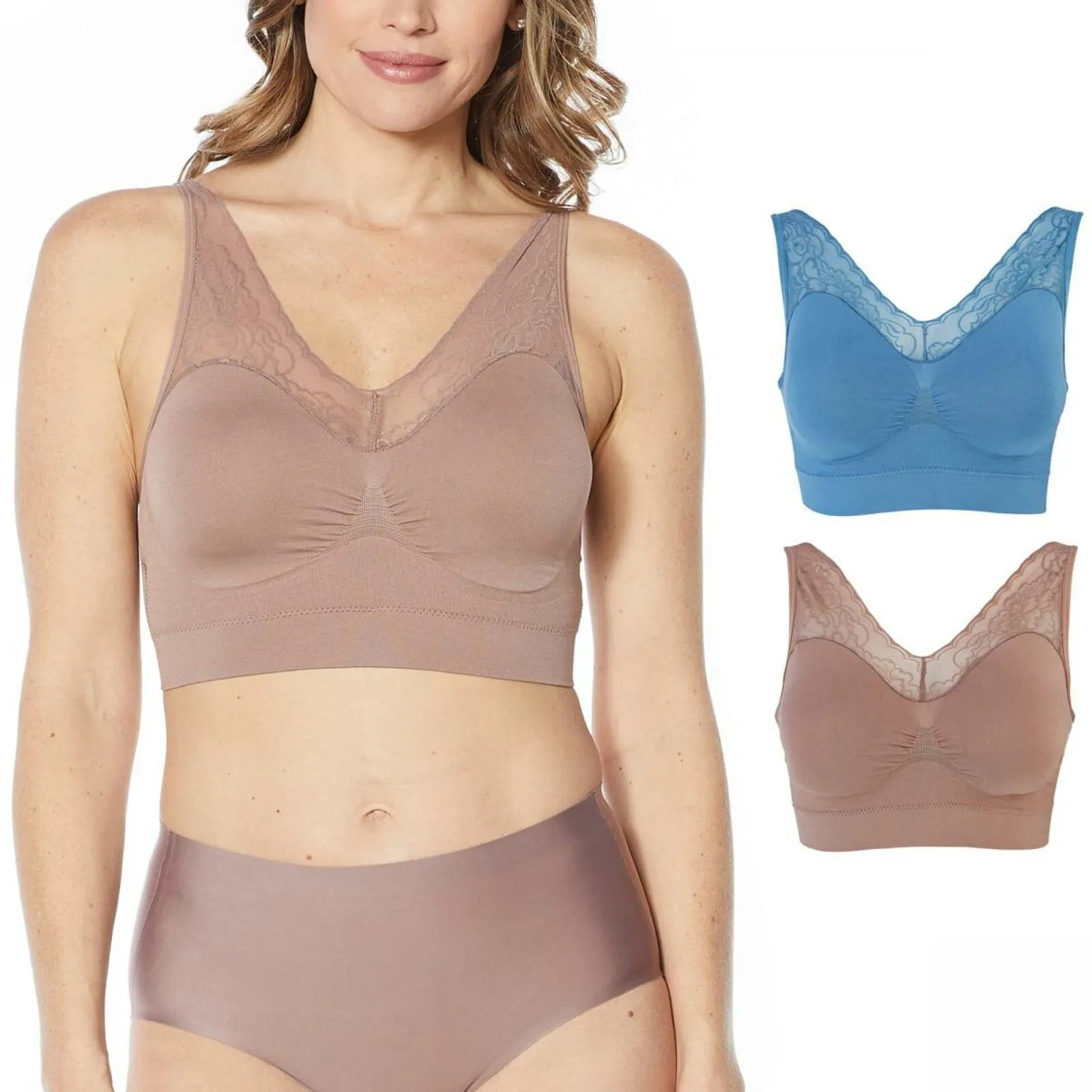 Rhonda Shear 2 Pack Seamless Ahh Bras Mocha / Blue XL