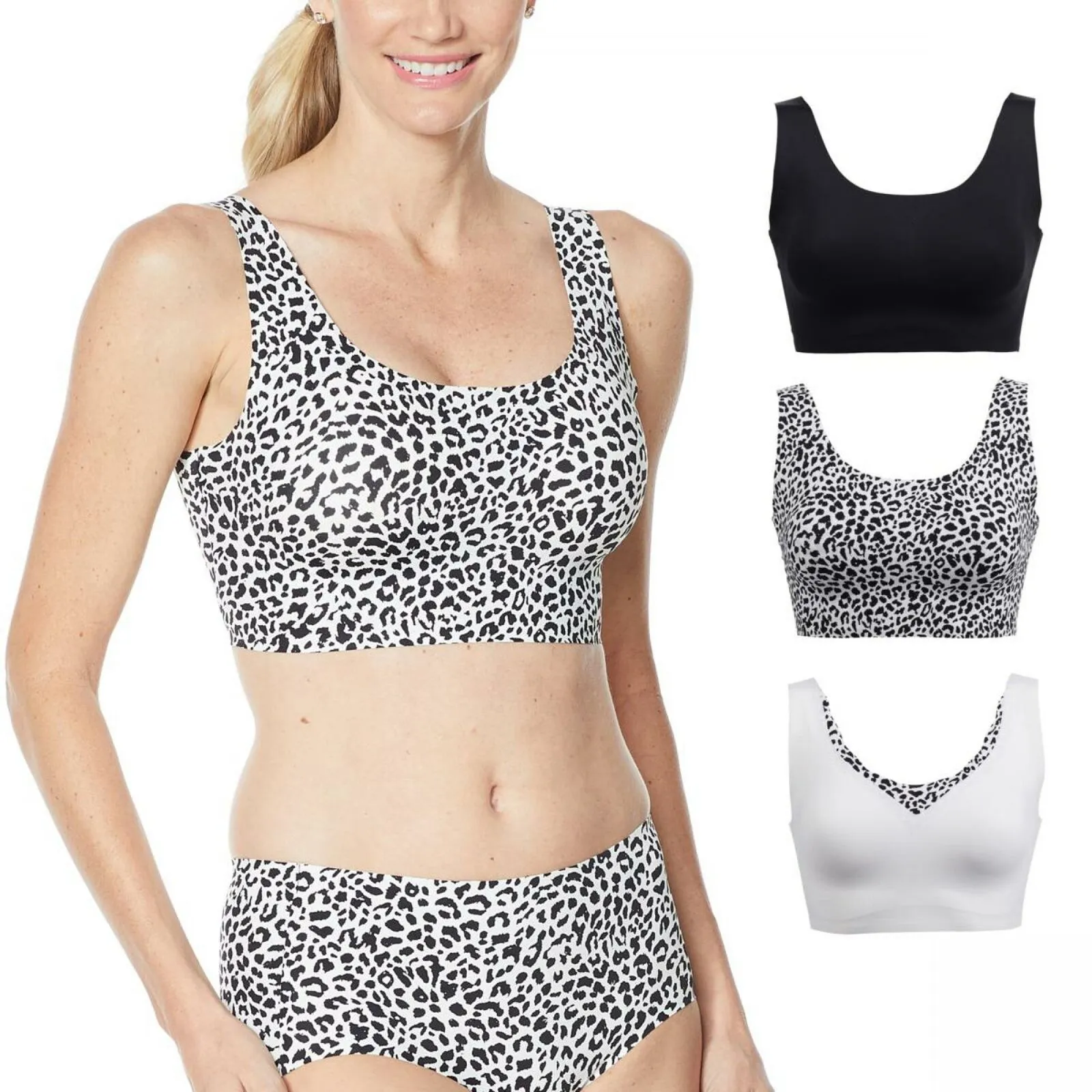 Rhonda Shear 3 Pack Body Bras Black/ Snow Leopard/ White Large