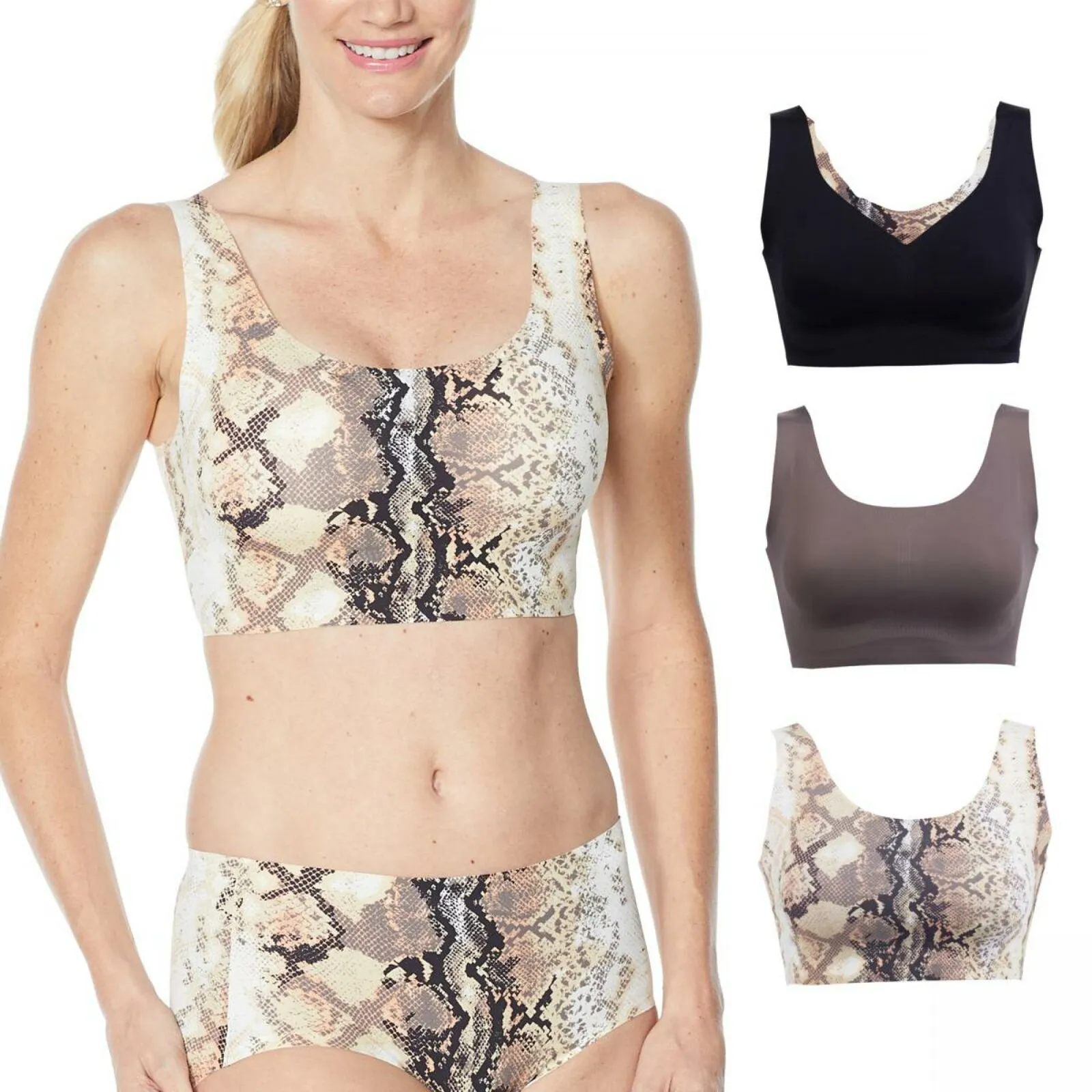 Rhonda Shear 3 Pack Body Bras With Removable Pads Mocha/ Snake/ Black 2X